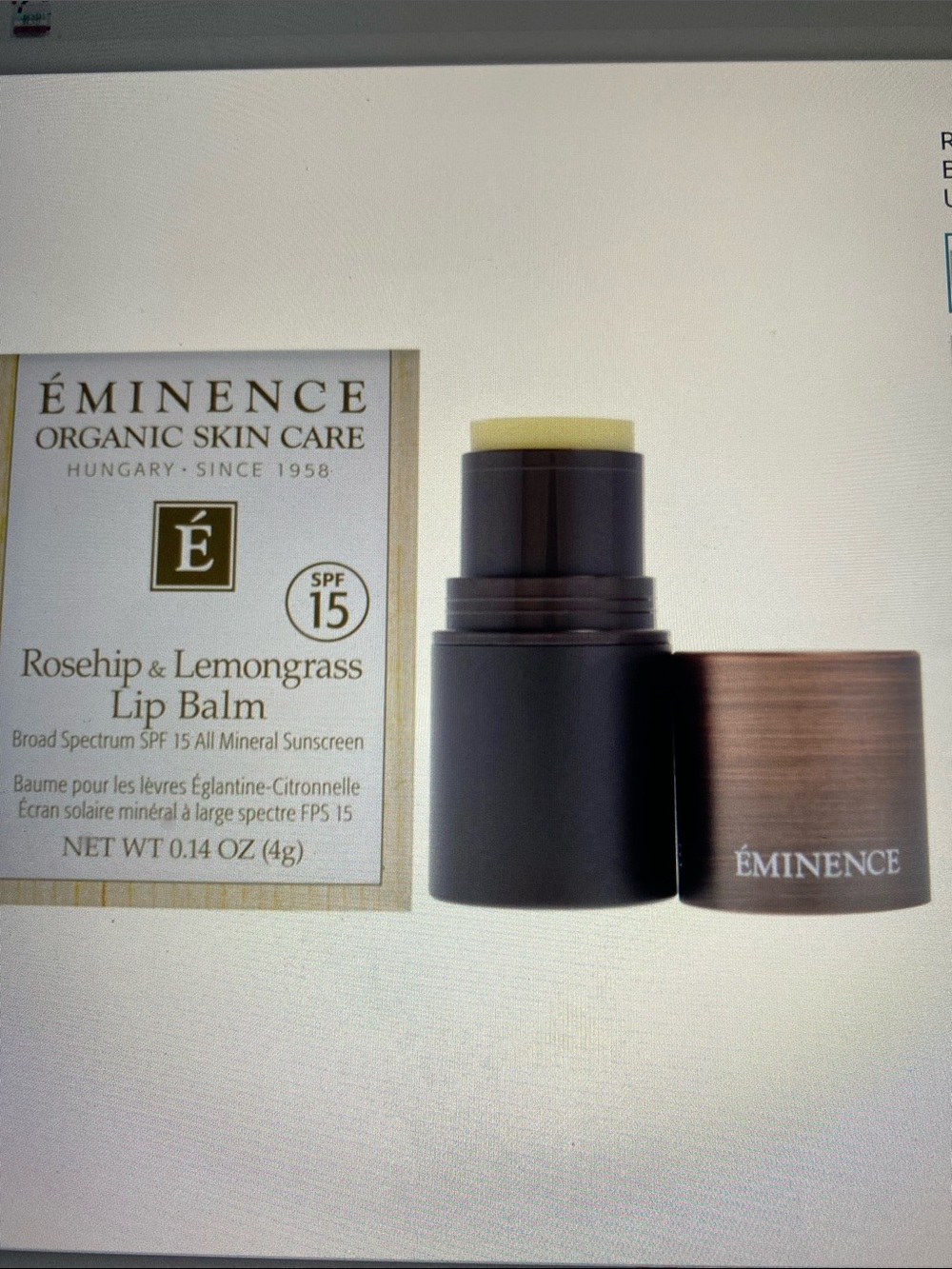 Eminence Organics Rosehip Lemongrass Lip Balm SPF 15 No Box Not Returnable